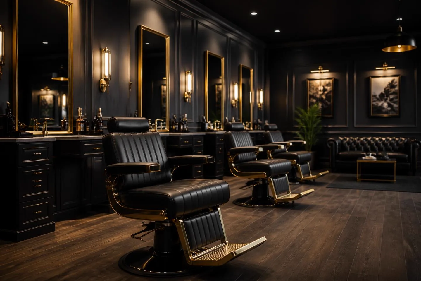 Interior of the newly renovated Politixs Barbershop with black and gold barber chairs