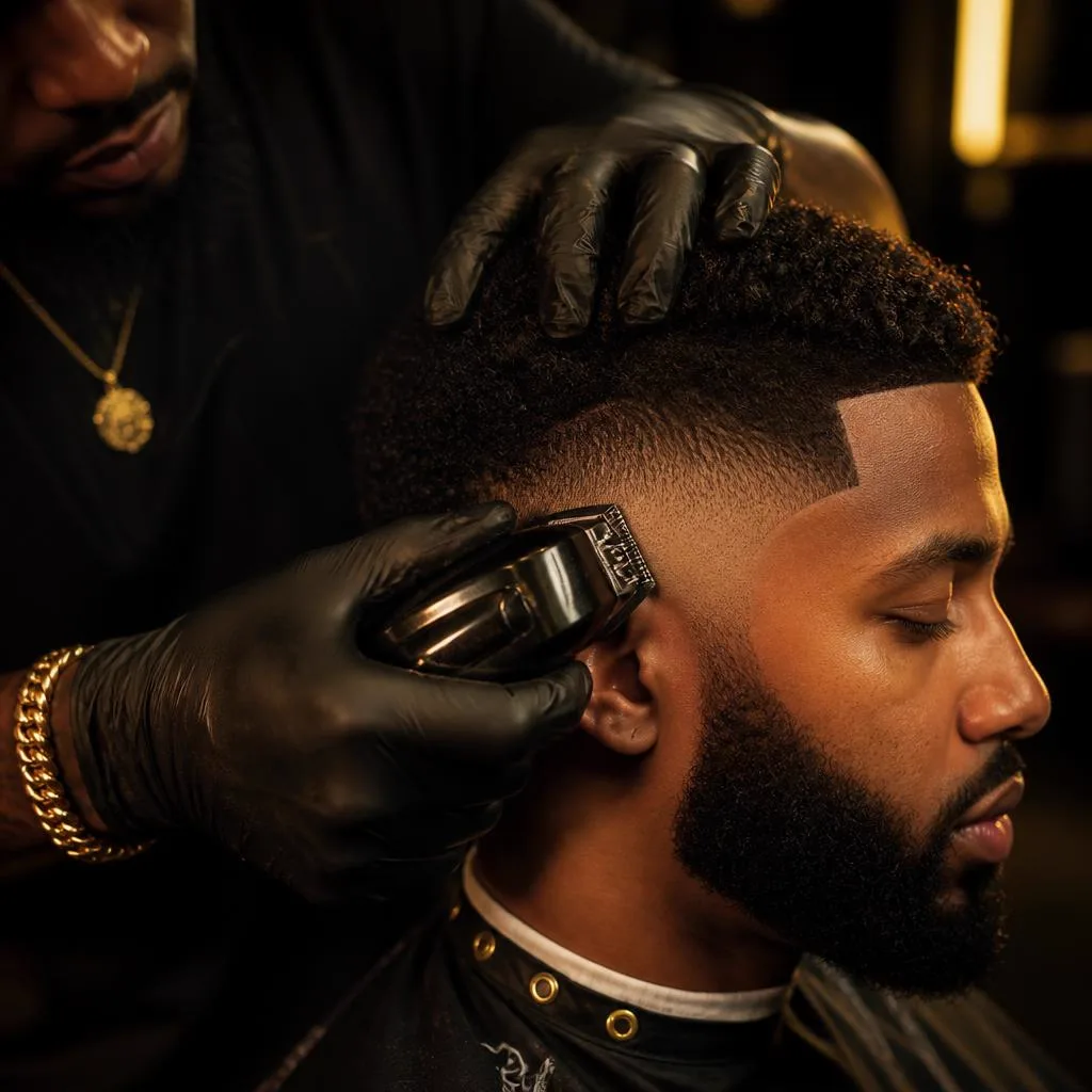 Close-up of a crisp skin fade and sharp line up